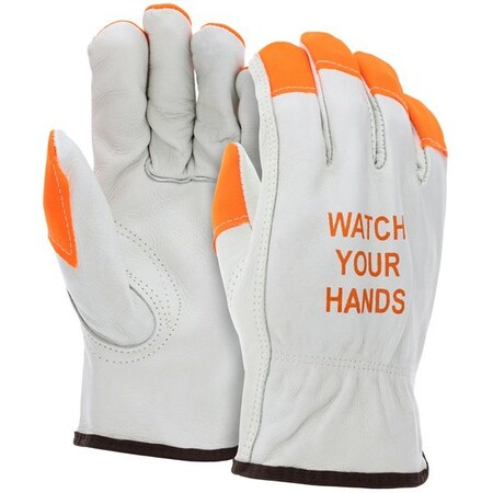 Mcr Safety CV Grade Cow Grain Leather Watch Your Hands Logo with Orange Fingertips, 12PK 3215HVIXXL